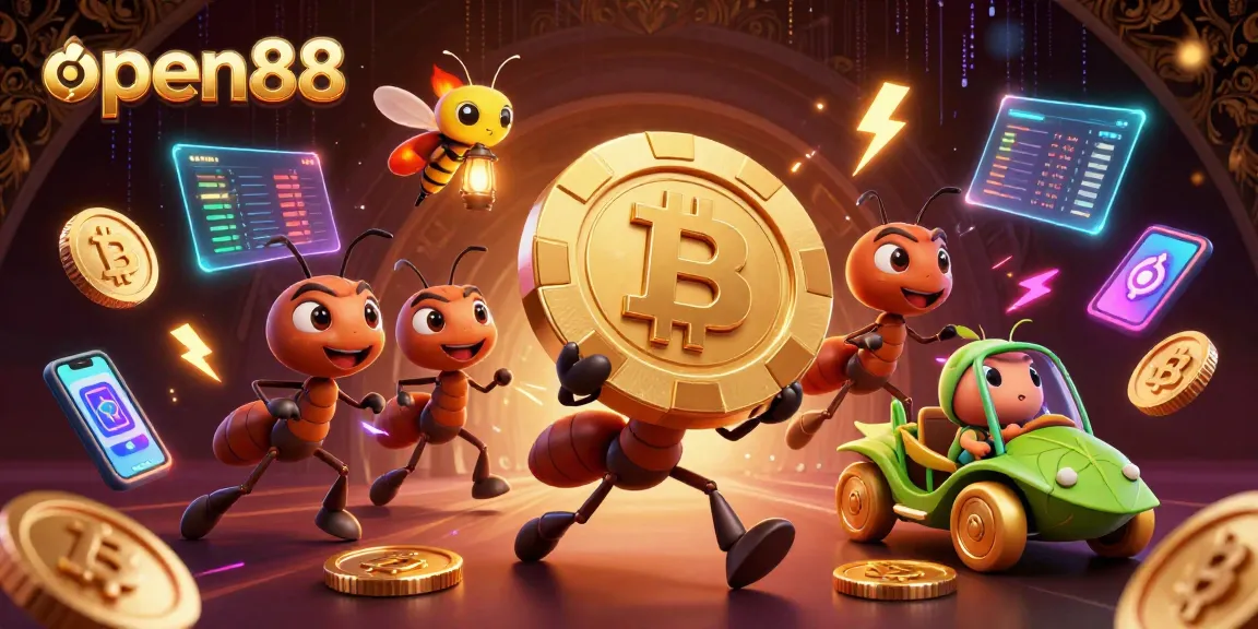 Experience thrilling gaming strategies at open88 with ants heisting a golden poker chip in this vibrant casino art.