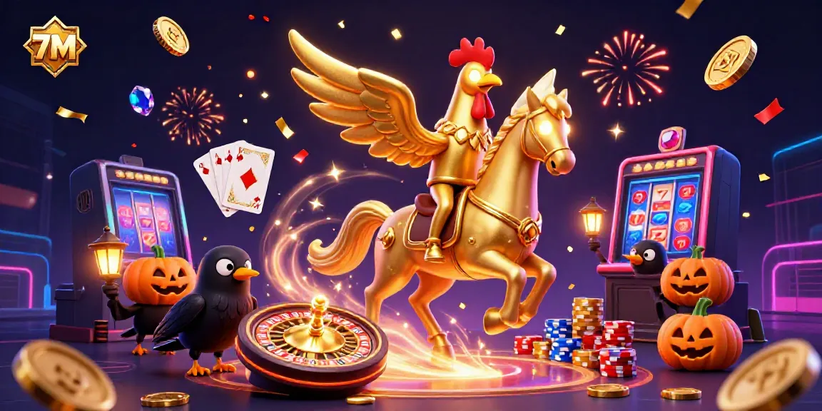 Experience 7M's thrilling casino atmosphere with a golden rooster riding through a vibrant gaming environment.