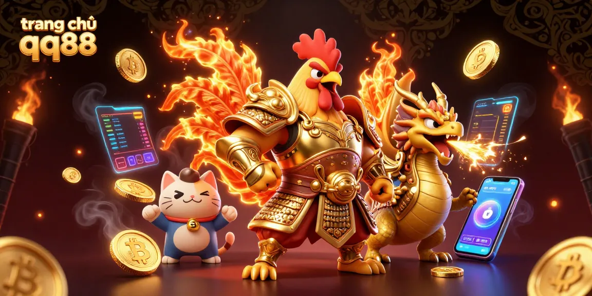 Engage with the dynamic world of trang chủ qq88 featuring a rooster warrior, dragon hatchling, and crypto elements.