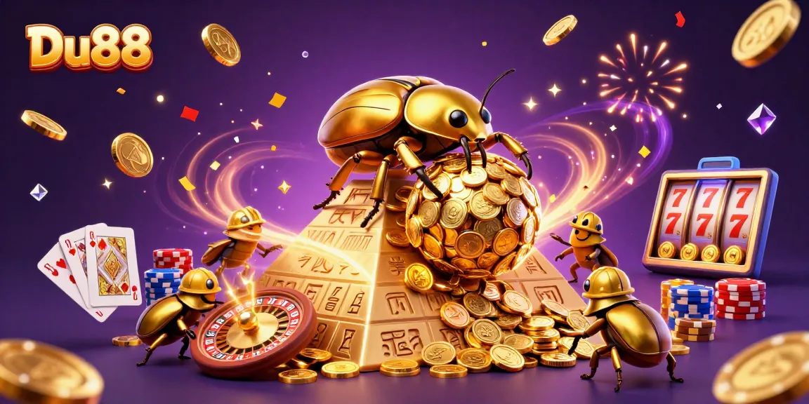 Spin to win with Du88 as a golden beetle rolls coins in this vibrant casino scene.
