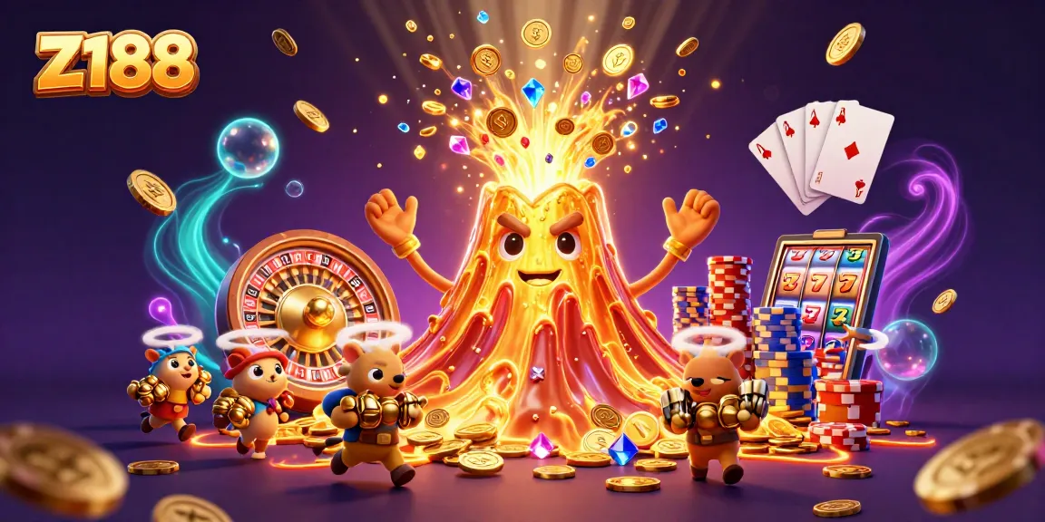 Spin the Z188 slots with treasure-filled eruptions in a vibrant casino scene.