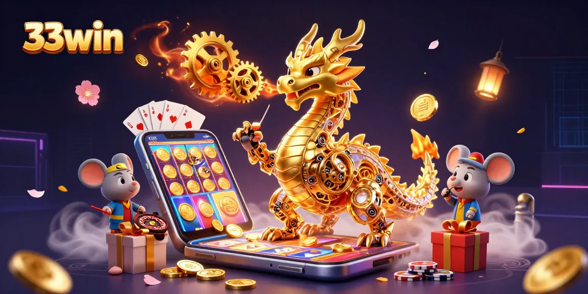 Experience exciting gameplay at 33win with a dramatic dragon revealing slot games and fortune symbols.
