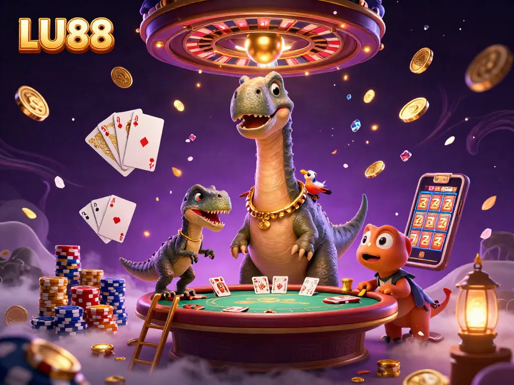 LU88 Casino features a joyful brontosaurus and clever raptor dealing cards in a vibrant gaming scene.