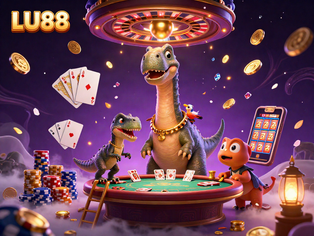 LU88 Casino features a joyful brontosaurus and clever raptor dealing cards in a vibrant gaming scene.