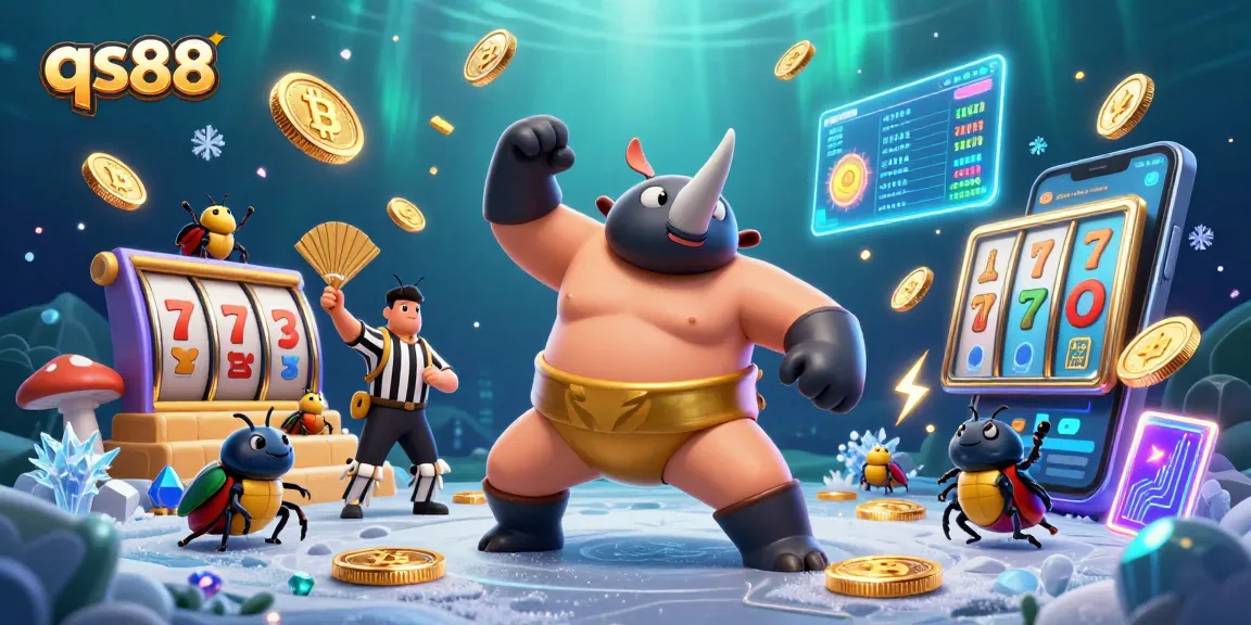 Join the excitement at qs88 casino with a dynamic illustration showcasing a sumo beetle and glowing crypto coins.