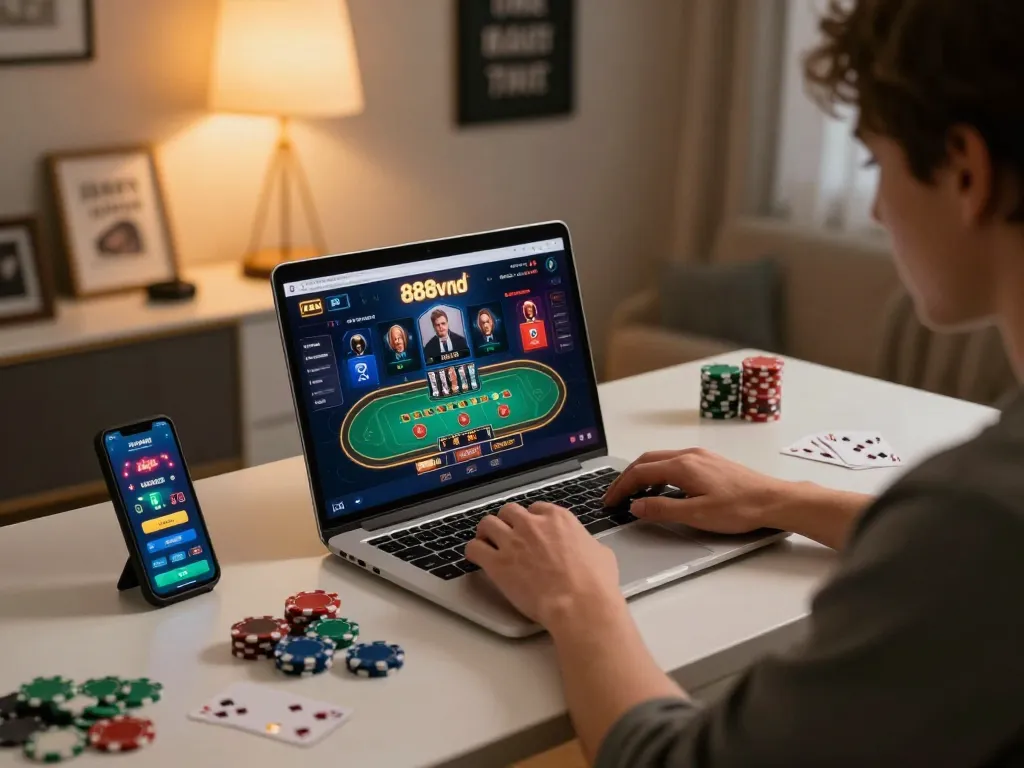 Engaging online gaming session at 888vnd showcasing live dealer action on a laptop with poker chips in view