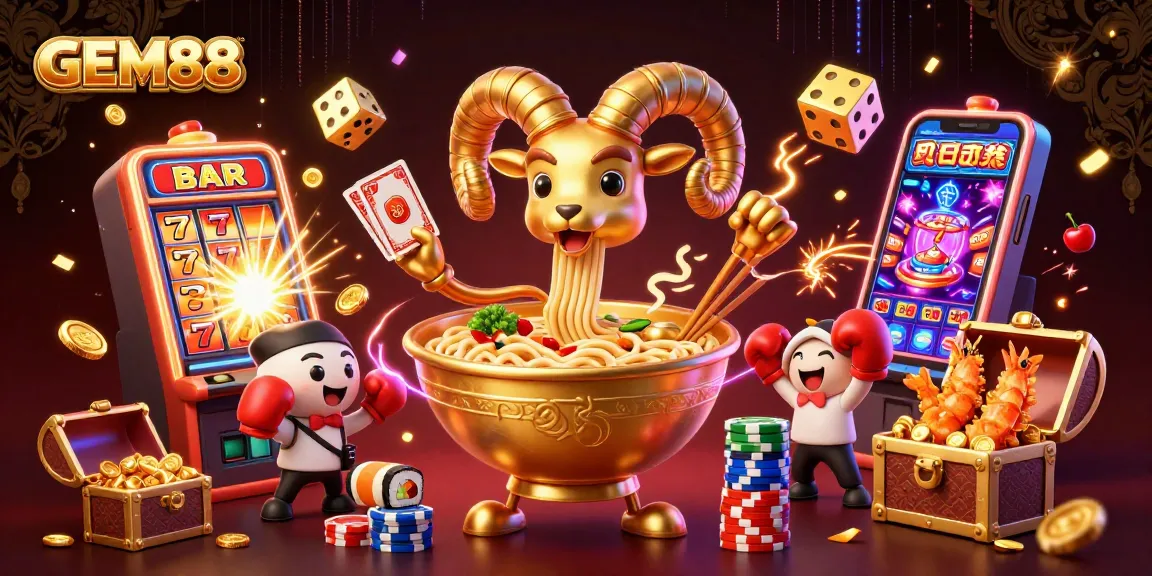 Engage with GEM88's vibrant casino experience featuring a dynamic golden ramen bowl character and jackpot excitement.