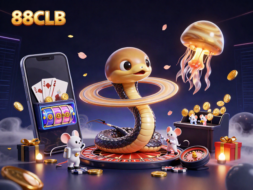 Place bets with 88CLB in this cosmic casino featuring playful astronaut mice and a golden jellyfish dealer.