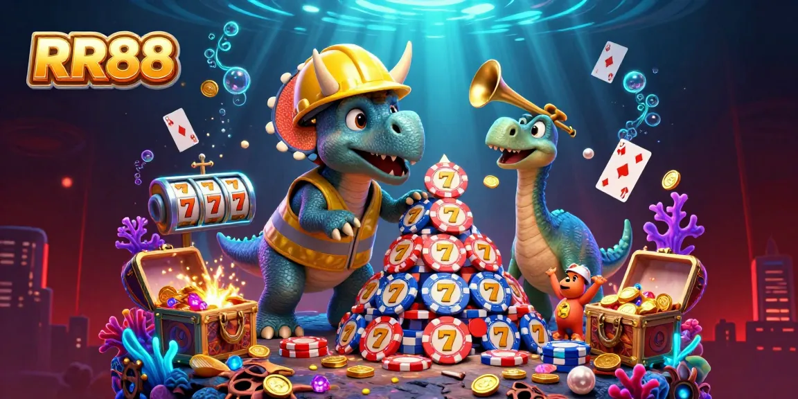 RR88 casino attractions with a lively triceratops building poker chip pyramids, celebrating with dynamic elements and treasures.
