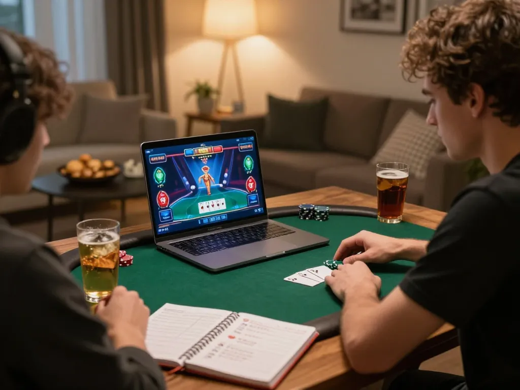 U888 player strategizing their poker game on a laptop in a cozy setting
