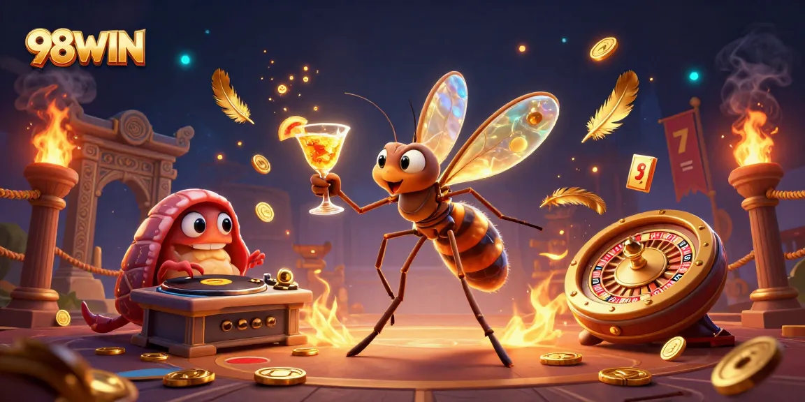 Engage with 98WIN's captivating casino scene, featuring a vibrant illustration of gaming excitement.