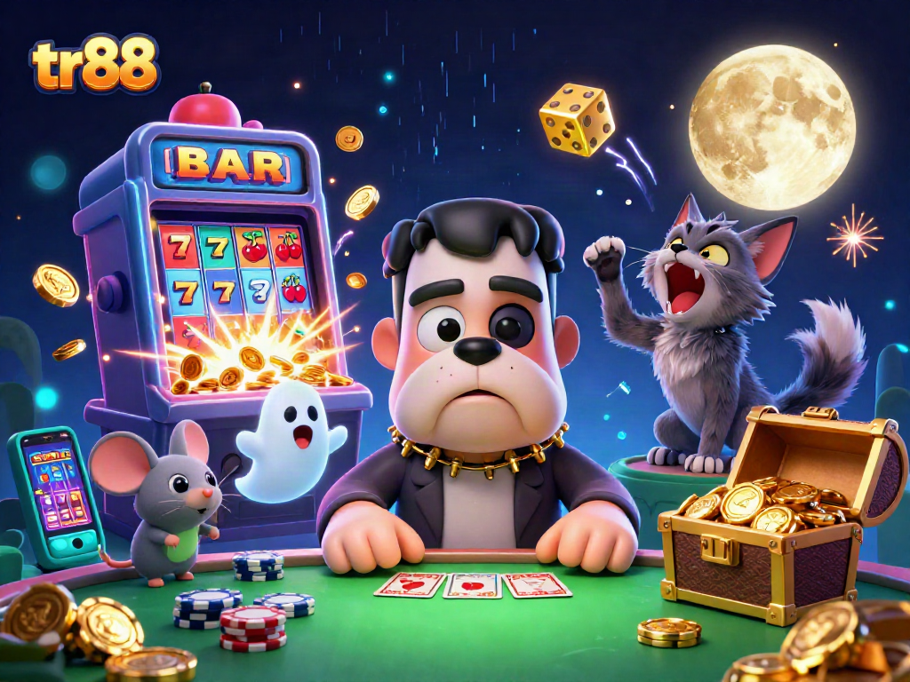 tr88 card-dealing monster amidst explosive jackpots and glowing casino elements