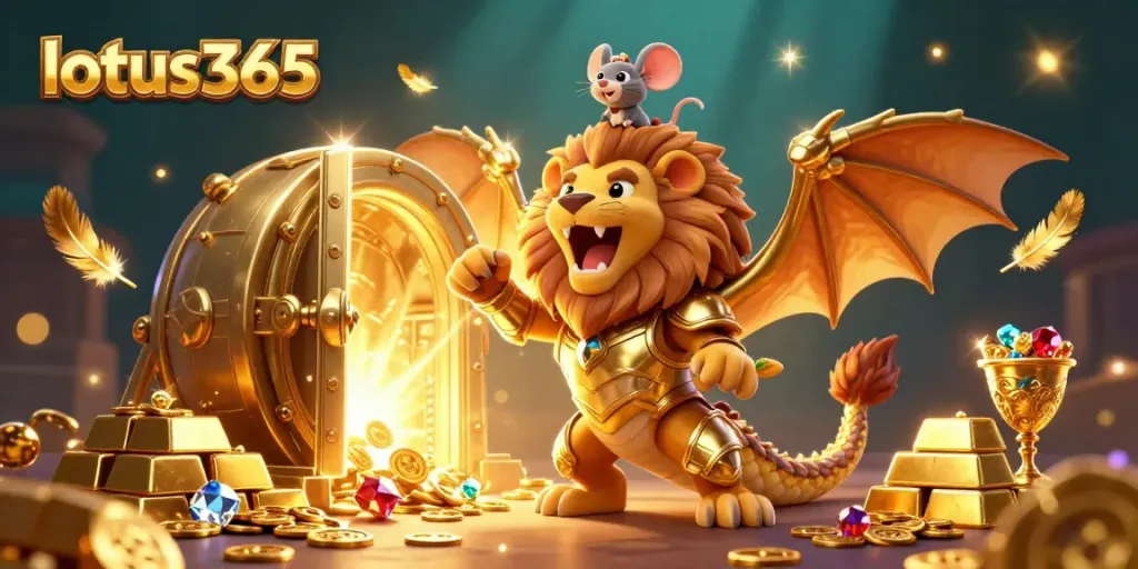 Bet on exciting outcomes with lotus365, featuring a dynamic scene of a chimera creature and treasures.