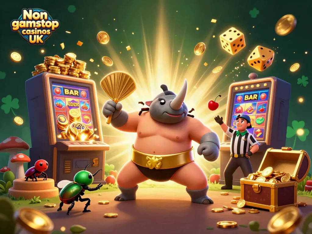 Experience exciting Non gamstop casinos UK with a vibrant illustration of a beetle wrestling scene, coins flying everywhere!