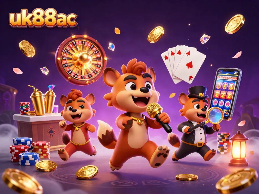 Experience excitement with uk88ac in this vibrant 3D casino scene filled with casino characters and elements.