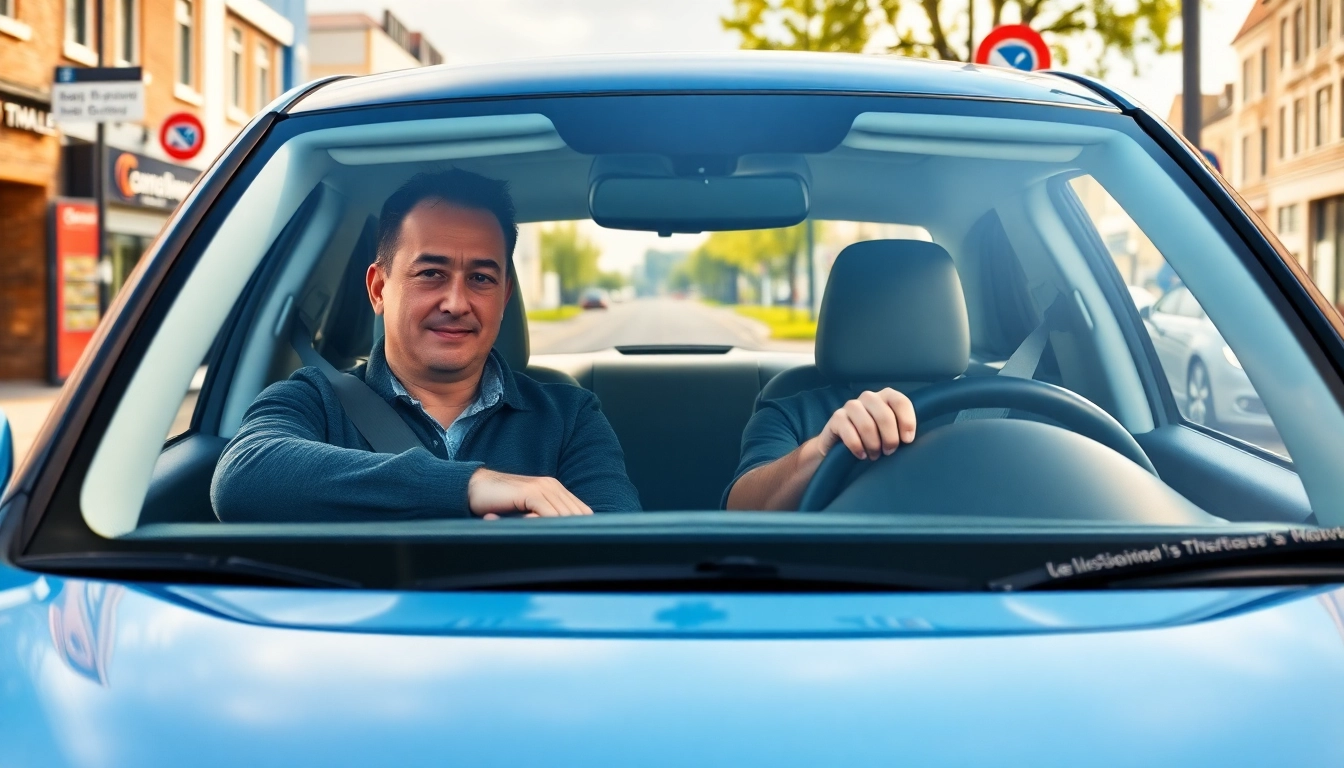 Experience automatic driving lessons Portsmouth with a focused instructor and student in a lively street scene.