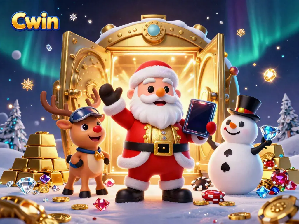 Experience the excitement of Cwin with Santa, reindeer, and snowman in a vibrant casino setting.