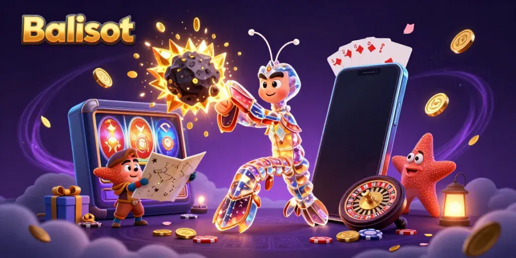 Balislot showcases a vibrant 3D scene featuring a galactic samurai battling asteroids with dynamic casino elements.