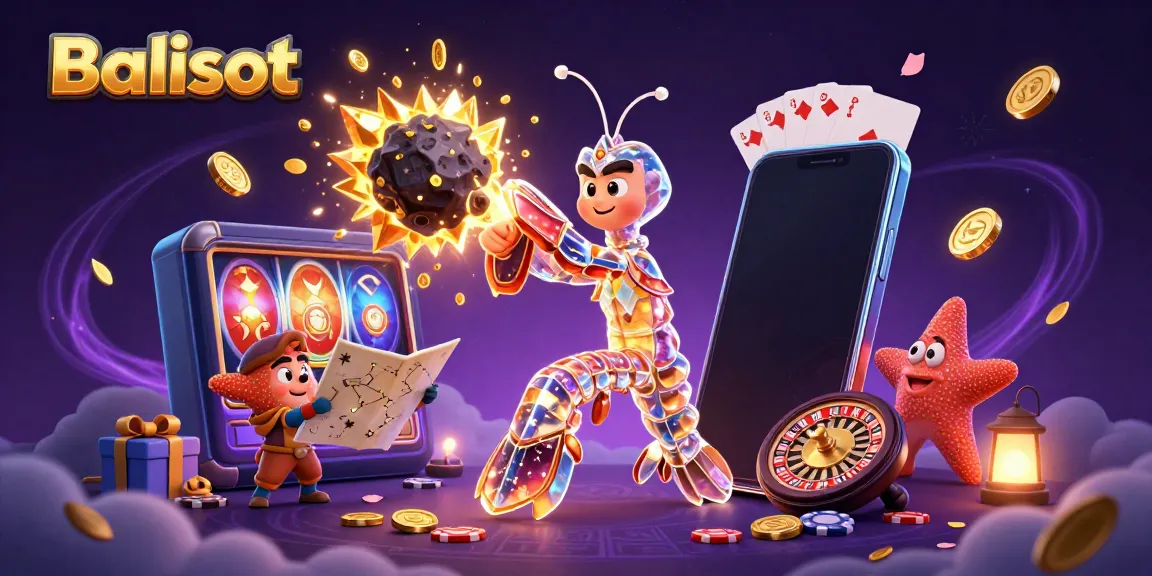 Balislot showcases a vibrant 3D scene featuring a galactic samurai battling asteroids with dynamic casino elements.