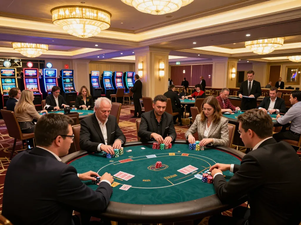 KJC players strategizing at vibrant casino tables amidst luxurious decor