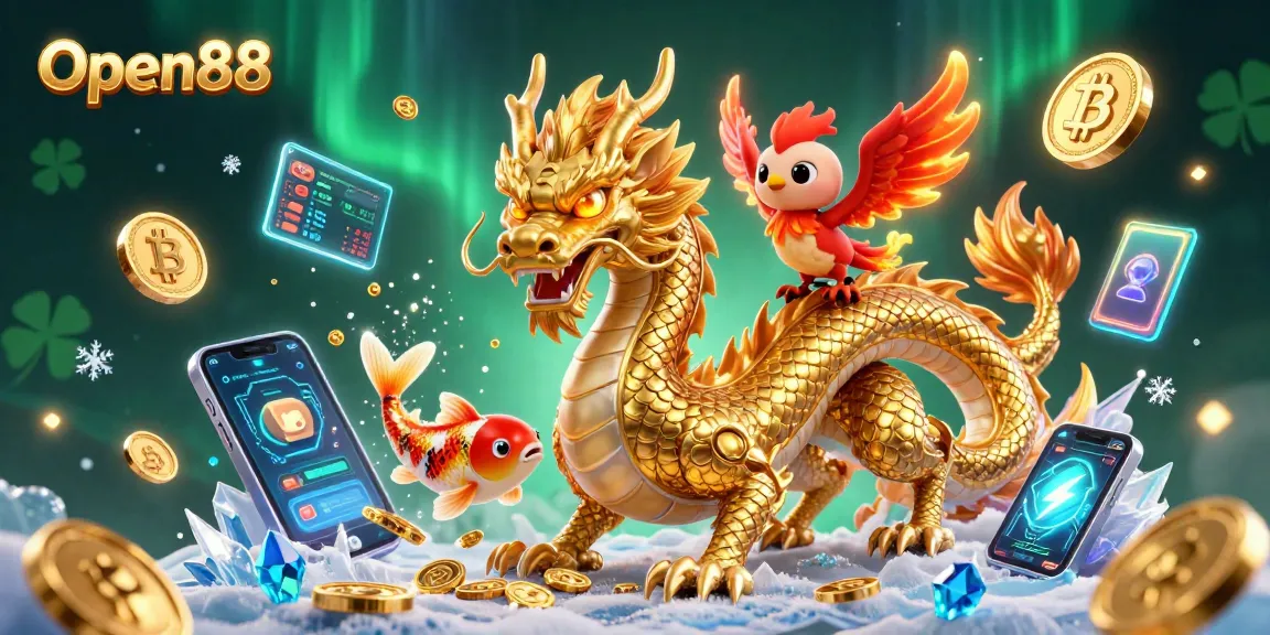 Engage with Open88, featuring vibrant casino elements and mythical creatures in a lively 3D scene.