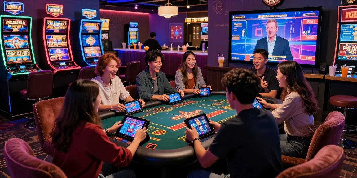 Exciting gaming scene at non UK casinos featured on hrnd.co.uk, showcasing lively players enjoying diverse games.