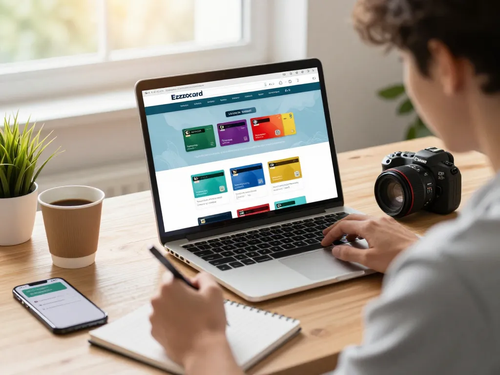 Browsing Ezzocard website for virtual prepaid cards in a modern workspace