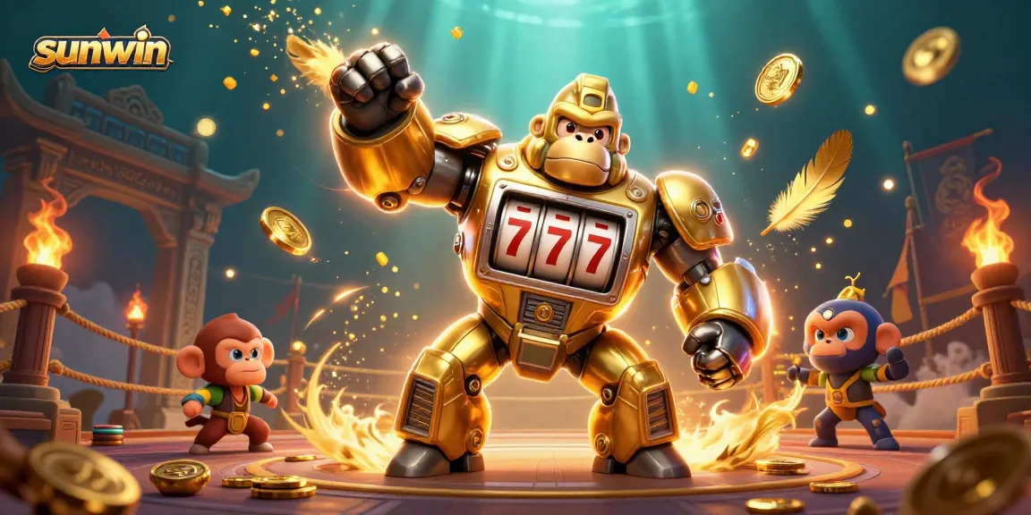 Sunwin's dynamic gaming scene featuring a golden gorilla mech amidst winning jackpots and vibrant casino elements.