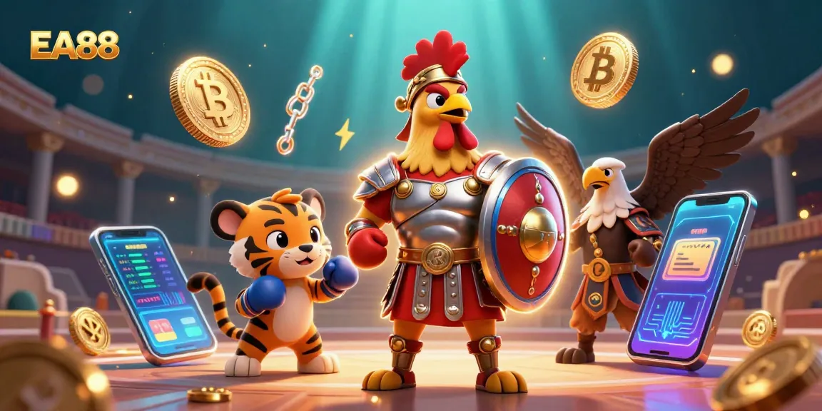 Experience EA88 gaming excitement with a vibrant 3D gladiator rooster sparring in a dynamic casino arena.