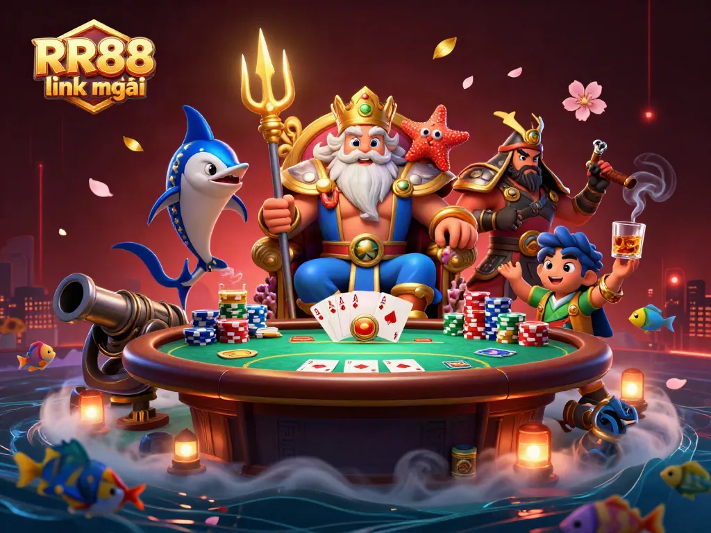 Engage with RR88 link mới in this lively underwater casino scene, showcasing vibrant gaming action.