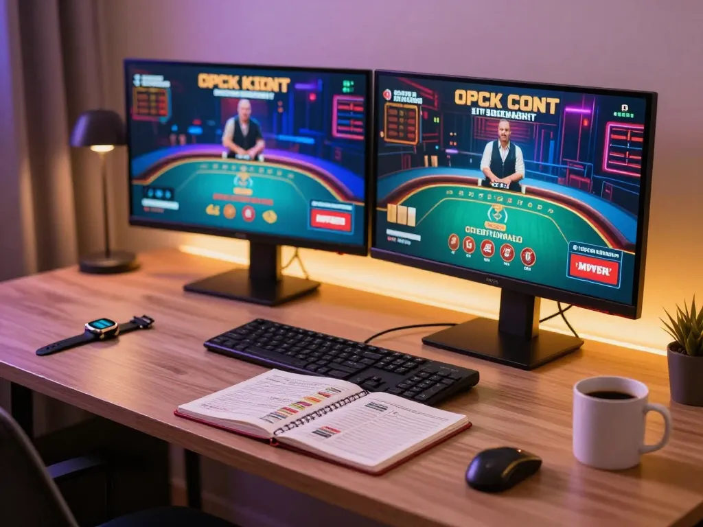 FLY88 live dealer game interface on dual monitors illuminating a modern gambling setup.