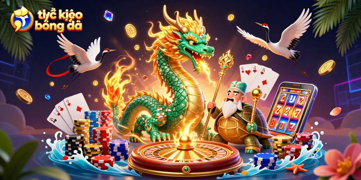 Engaging illustration showcasing tỷ lệ kèo bóng đá with a dragon, sage, and lucky cranes amidst dynamic casino elements.