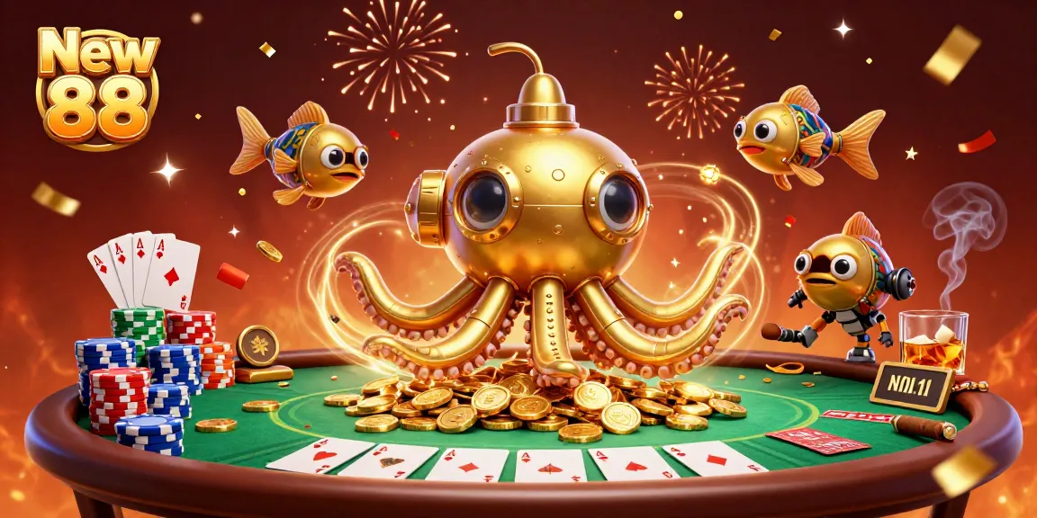 Experience thrilling wins at New 88, where a golden kraken submarine explores a vibrant casino undersea landscape.