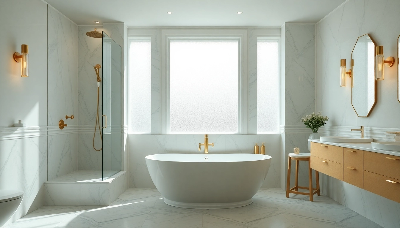 Stunning bathroom remodeling near me featuring elegant freestanding tub and modern accents.