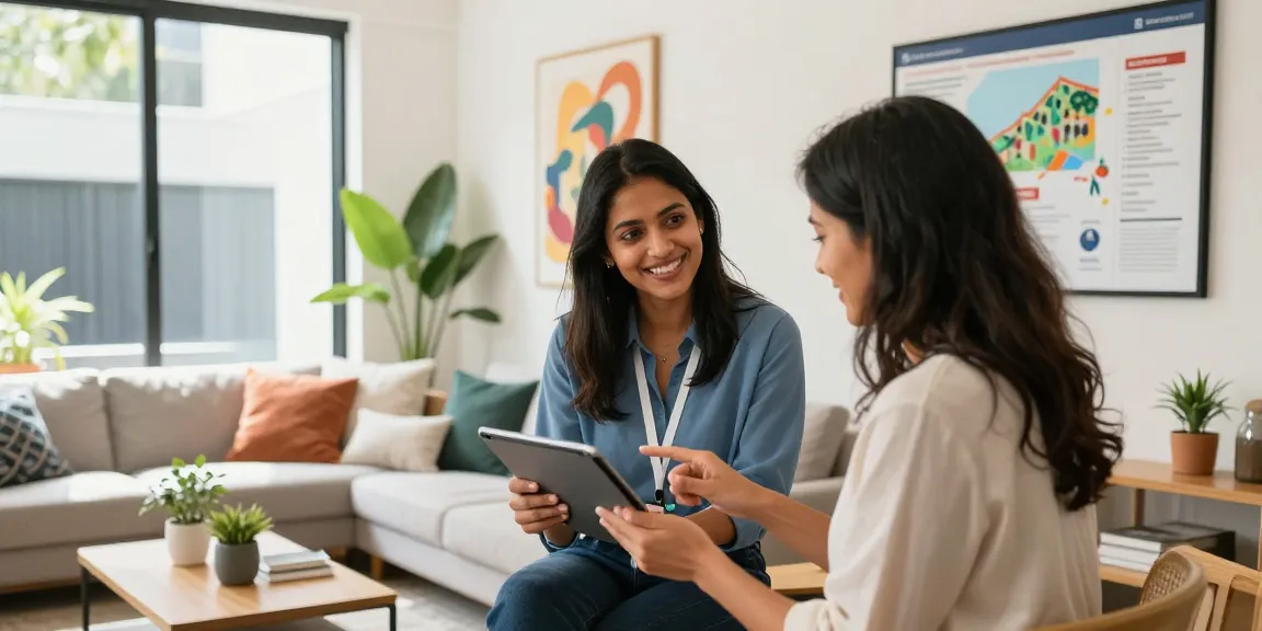 Professional Airbnb help in Melbourne with a manager advising a property owner in a stylish rental space.