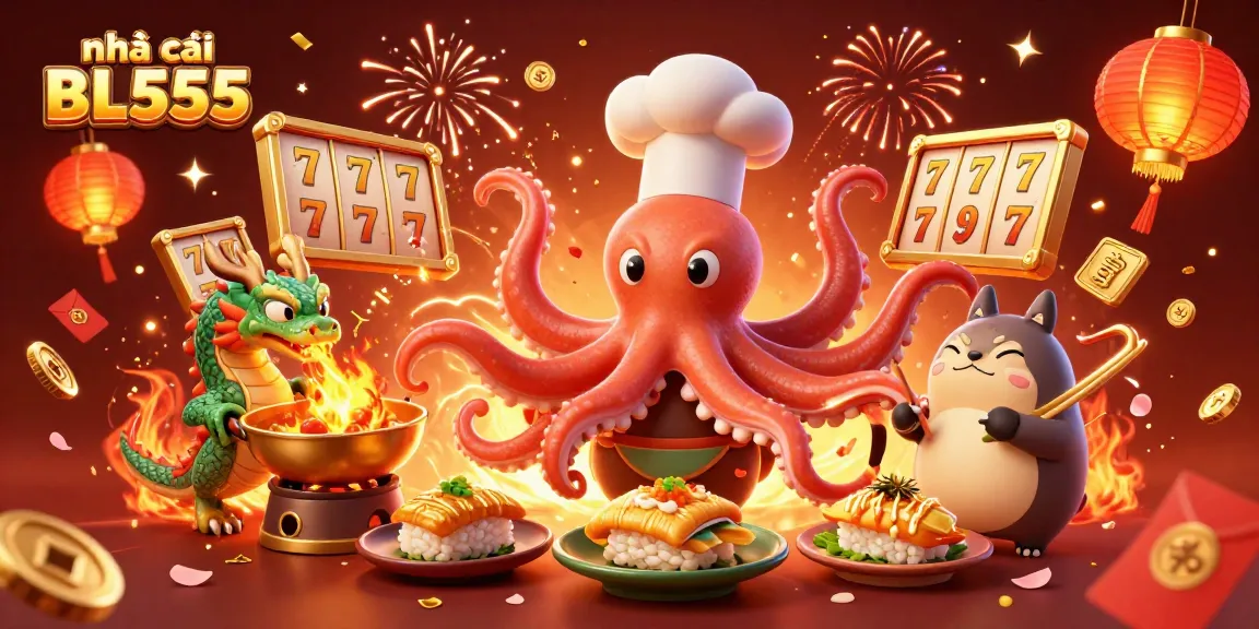 The vibrant scene showcases nhà cái BL555 with a playful octopus chef preparing golden dishes, surrounded by festive slot game elements.