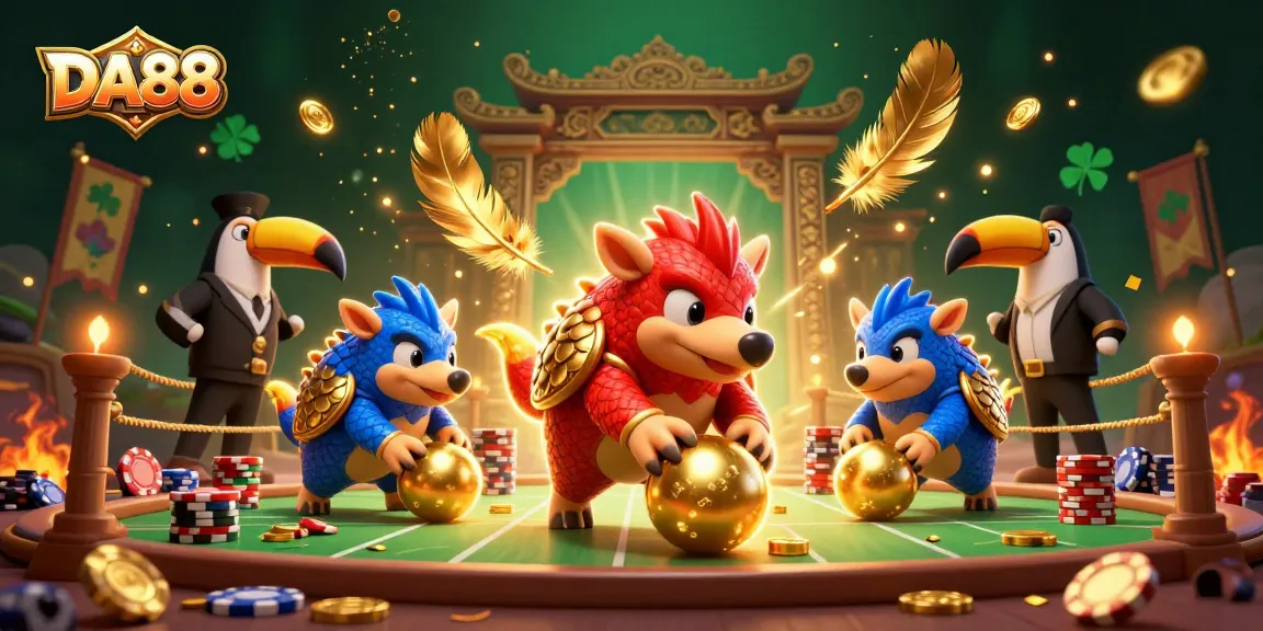DA88 pangolins compete in a vibrant casino scene, spinning golden balls and poker chips.