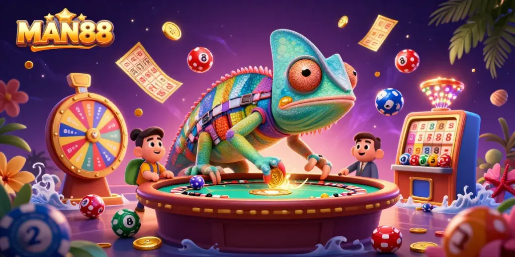 Experience thrilling gaming with MAN88's vibrant chameleon casino owner amidst lively lottery elements.
