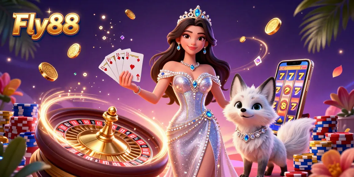 Experience the excitement of Fly88 casino with vibrant dynamic slots, golden coins, and a stunning arctic fox.