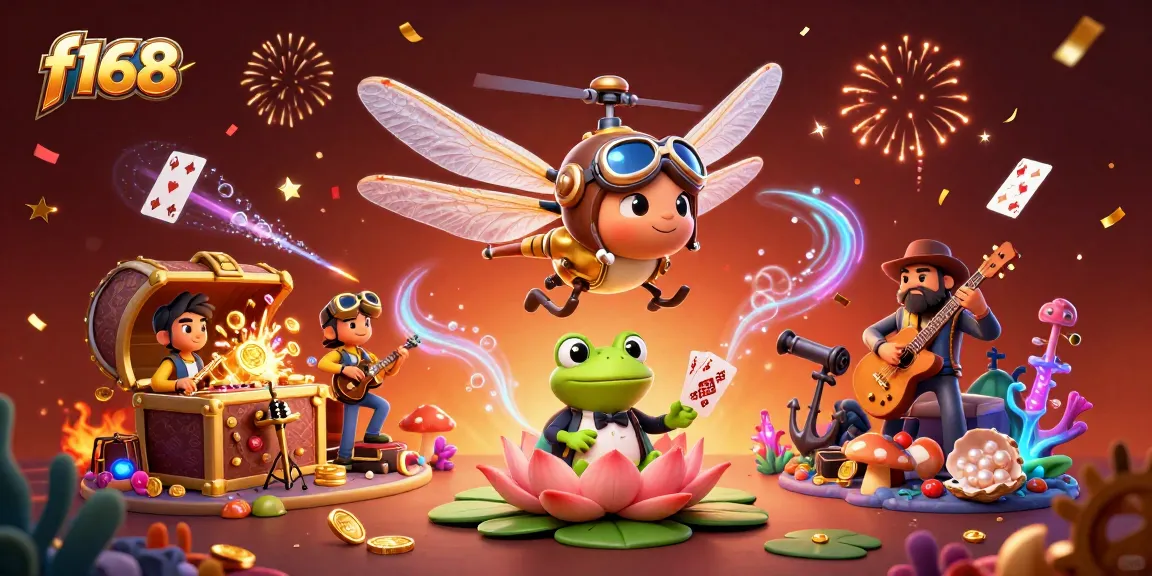 Experience thrilling casino action with f168 as the frog dealer hosts games amidst floating cards and treasures.
