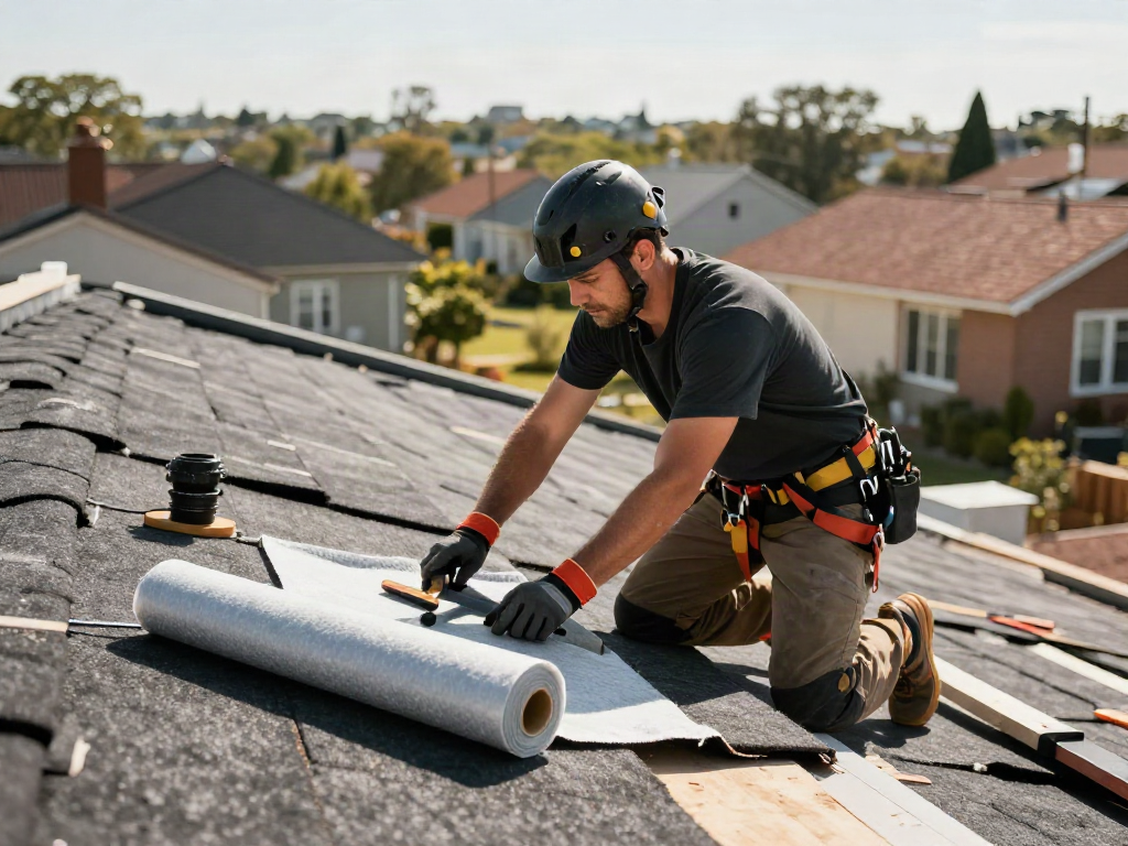 Expert roofer installing felt roofing on a residential flat roof, showcasing essential tools and reflective materials in a sunny neighborhood.
