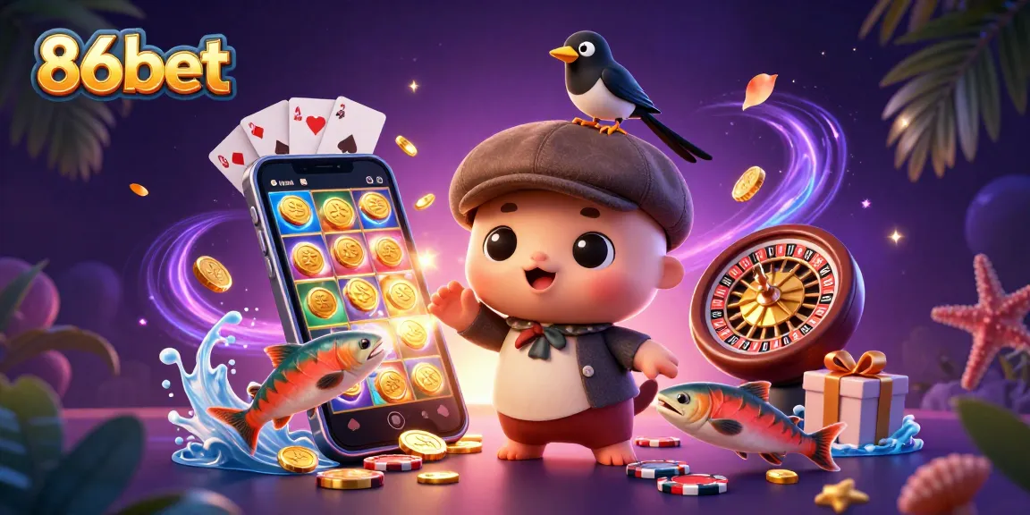 Engage with 86bet's vibrant 3D illustration featuring playful characters surrounded by dynamic casino elements.