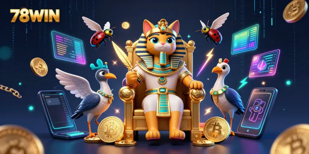 Engage in thrilling gameplay at 78WIN, surrounded by vibrant 3D elements of Egyptian wealth and cryptocurrency.