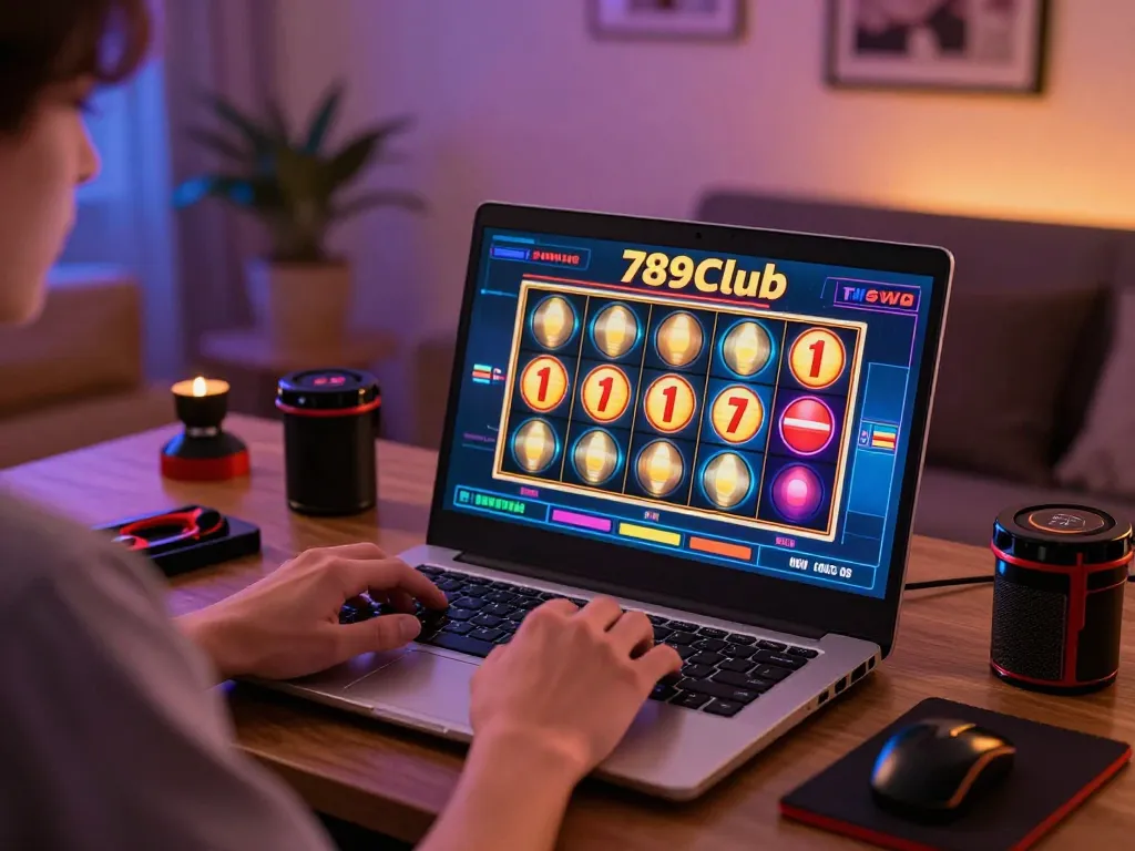 Playing engaging 789Club casino games on a laptop in a cozy home setting with vibrant visuals.