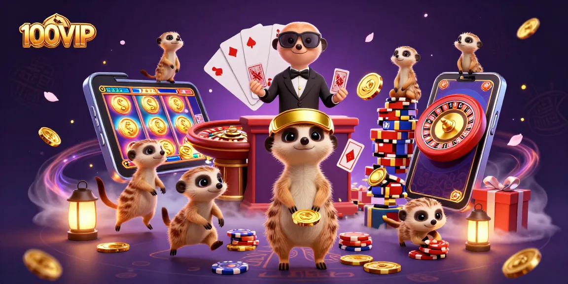 Engage in thrilling casino adventures at 100VIP, featuring animated meerkats running an elaborate casino.