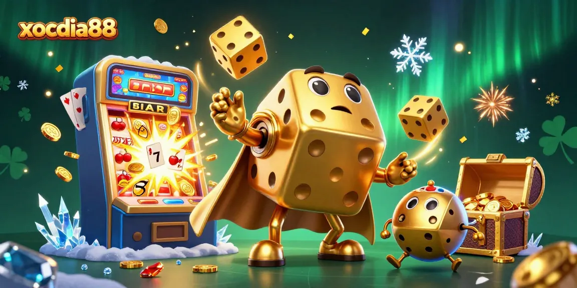 Xocdia88 combines vibrant casino elements with an engaging illustration showcasing golden dice golem juggling amidst a jackpot explosion.