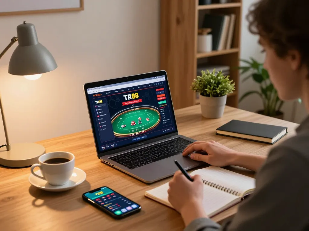 Player enjoying TR88 online poker at home, with notes and coffee on desk.