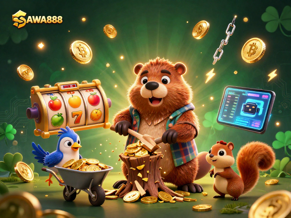 SAWA888 showcases a lively 3D scene with a lumberjack beaver collecting coins amidst slot reels for exciting gameplay.