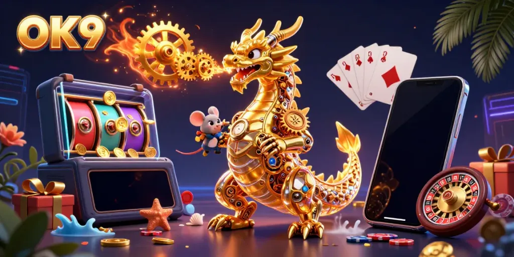 Engage in thrilling gameplay with OK9's vibrant 3D casino scene featuring unique characters and dynamic elements.