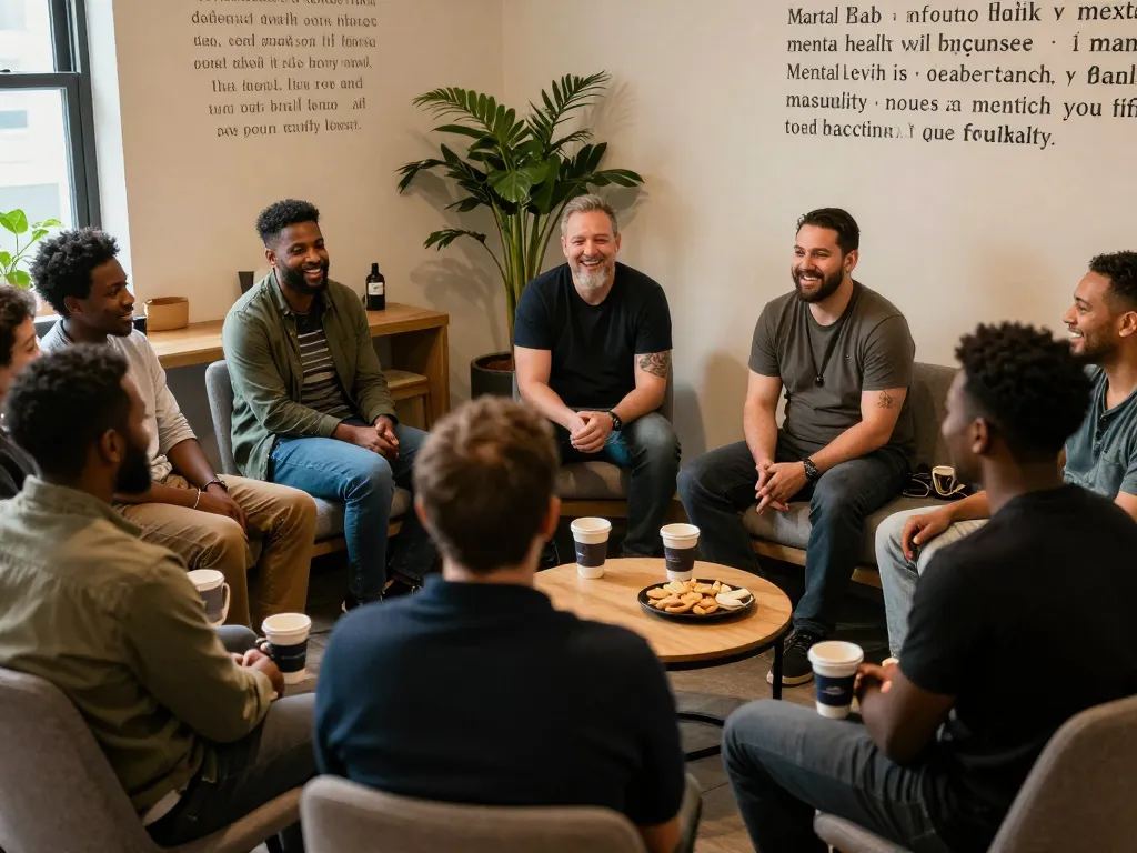 Engaged men sharing stories at a supportive manclub meeting.